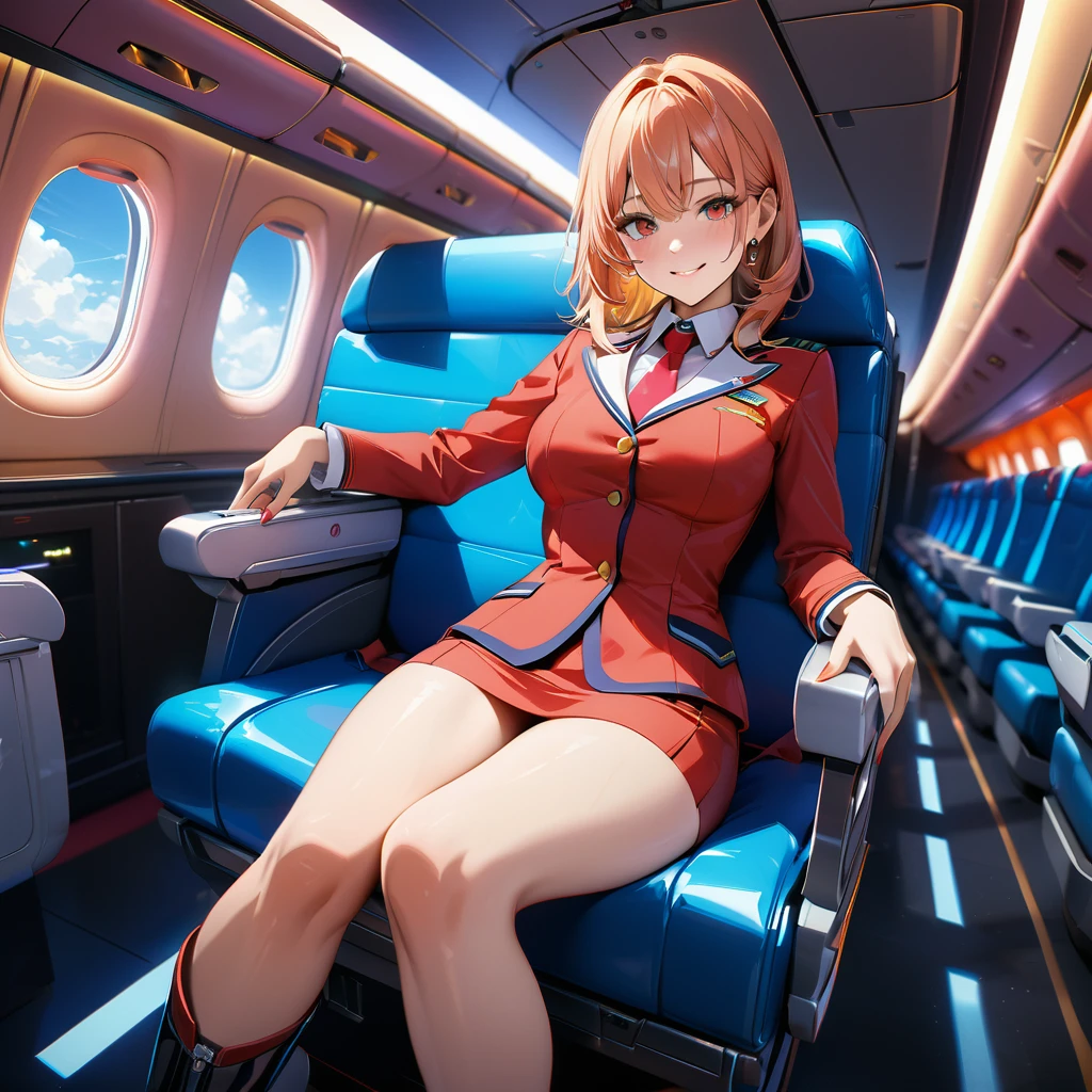 masterpiece,best quality,ultra detailed,8K,super fine illustration,highly detailed beautiful face and eyes,perfect anatomy,professional lighting,1 flight attendant,microskirt and boots uniform,orange and pink dress,smile,airplane interior,dynamic angle,depth of field,chromatic_aberration,masterpiece,best quality,very aesthetic,absurdres,newest,