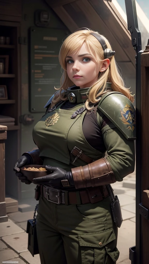 (high-angle shot), warhammer 40k imperial guardsman, ((female dwarf)). blonde hair, bare hand, hobbit, hafling, pants, (green bulletproof vest), ((large nose)), large expressive eyes, ((in a rusty spaceship)), chubby face, (eye black), black paint under eyes, dirty, holding food