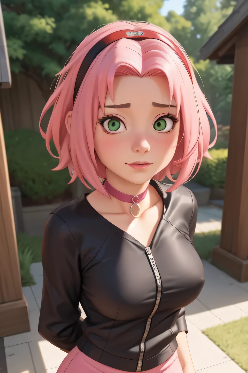 Haruno Sakura. pink hair. green eyes. short hairstyle. choker. tight clothes. bow. a photo of a face in the vicinity. 
