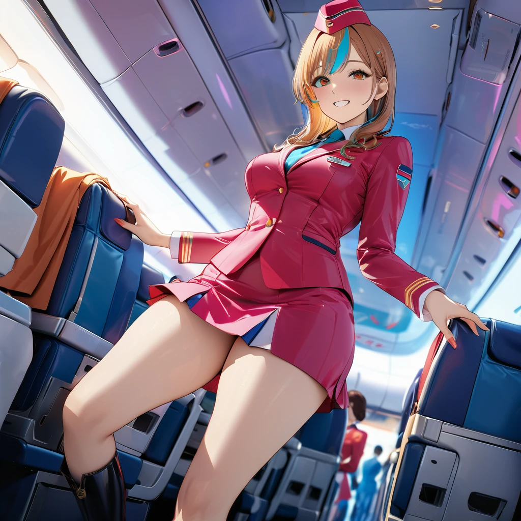 masterpiece,best quality,ultra detailed,8K,super fine illustration,highly detailed beautiful face and eyes,perfect anatomy,professional lighting,1 flight attendant,microskirt and boots uniform,orange and pink dress,smile,airplane interior,dynamic angle,depth of field,chromatic_aberration,masterpiece,best quality,very aesthetic,absurdres,newest,