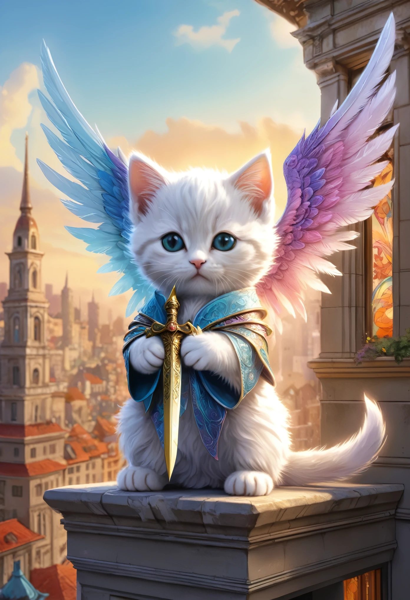 (Soft epic drawing:1.3), close-up of (cute anthropomorphic kitten angel:1.3) (holding long sharp magic blade:1.2), (long intricate robe:1.2), wide wings, (sitting on edge of modern building:1.3), colorful buildings, masterpiece in maximum 16K resolution, best quality, ultra detailed.