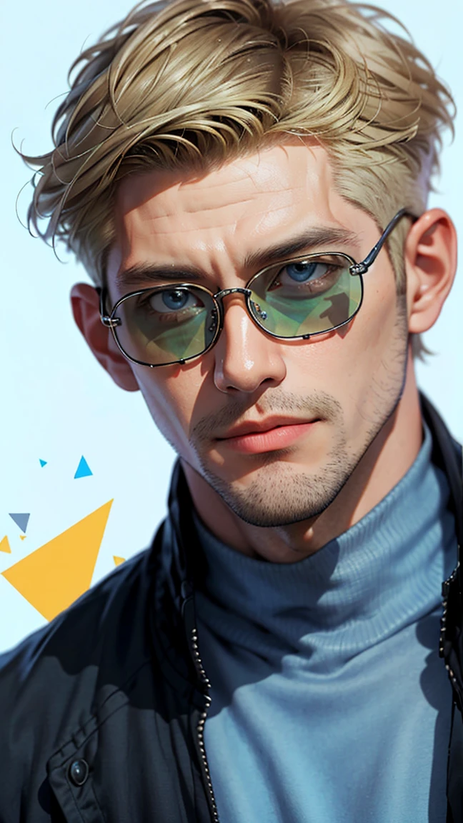 Realist，（masterpiece，Ariba Quality，Highest quality，Official Art，beauty：1.2），He is very knowledgeable，fractal art，Farbe，More detailed，Tangled，（Abstract background：1.5）（1：1.3）,Nanami，Light blonde hair，Short detailed hair，（Blue Sunglasses ,Tall and strong,青いシャツと黒い斑点のある黄Farbeのネクタイ，Avistic，(Posing with glasses)，Handsome