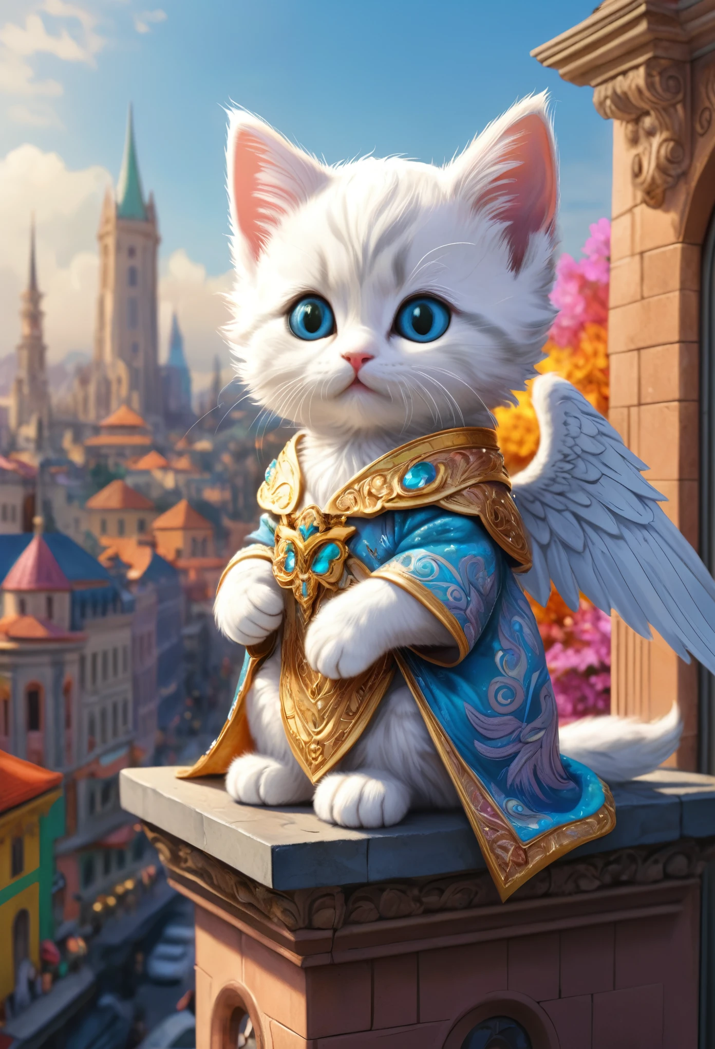 (Soft epic drawing:1.3), close-up of (cute anthropomorphic kitten angel:1.3) (holding long sharp magic blade:1.2), (long intricate robe:1.2), wide wings, (sitting on edge of modern building:1.3), colorful buildings, masterpiece in maximum 16K resolution, best quality, ultra detailed.