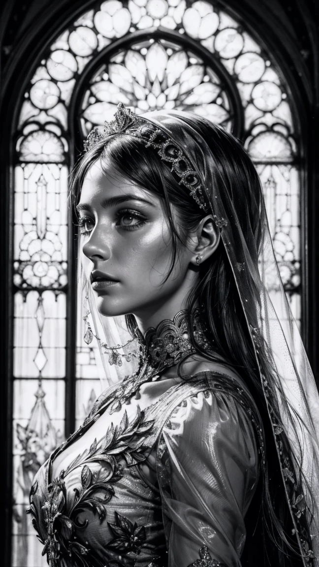 Portrait of woman, catholic virgin, dress with transparent veil , whole body, (8k, photo and gross, of the highest quality), Hyper realistic, intricate summary, Intricate artwork, abstract style, Striking portrait, threatening, creature from another world, , [Temple, roman church , landscape with many lights and reflections of stained glass and geometric shapes, ethereal presence, non-representational, pencil drawing and shapes, expression of feelings, imaginative, Very detailed, transparencies, shadows, Contrasts, Extremely high resolution details, photographic, Realism taken to the extreme, fine texture, 4k, ultra detailed, high quality, high contrast made of resin ,black and white drawing
