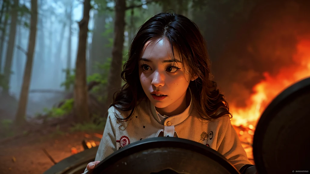(1girl), portrait in realistic fire background of totally destroyed forest, Printing possible, 8K,  (smoother lighting:1.05), (increase cinematic lighting quality:0.9), (detailed forest: 1.4), (bloom:1.1), looking down to viewer, deep eyes, glare eyes, (women play Drums), ((cinematic light)), (sadistic face),