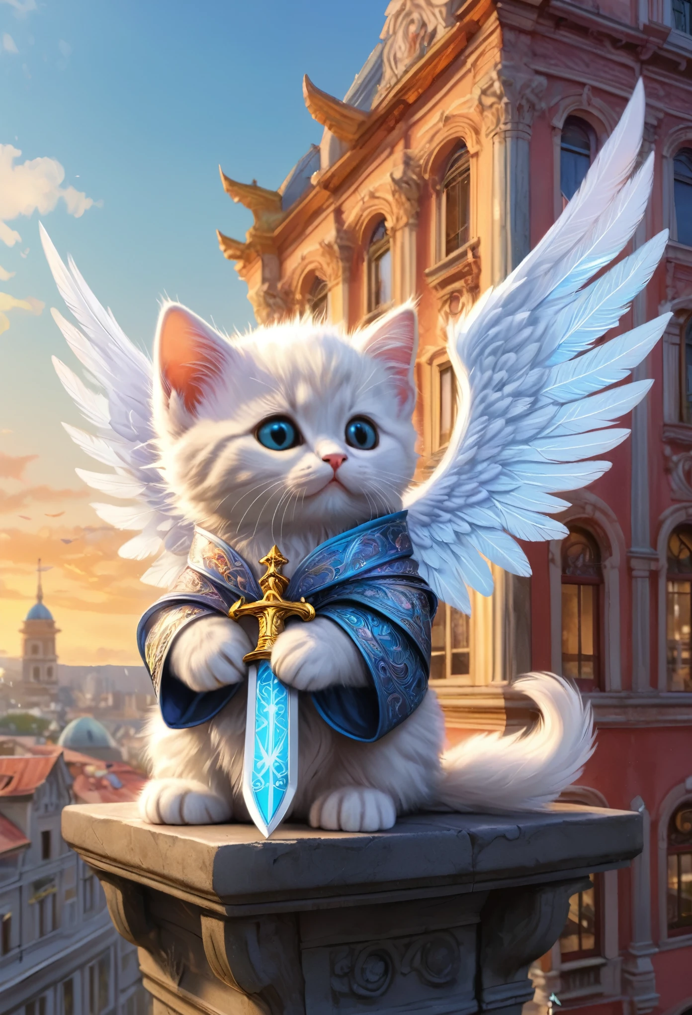 (Soft epic drawing:1.3), close-up of (cute anthropomorphic kitten angel:1.3) (holding long sharp magic blade:1.2), (long intricate robe:1.2), wide wings, (sitting on edge of modern building:1.3), colorful buildings, masterpiece in maximum 16K resolution, best quality, ultra detailed.