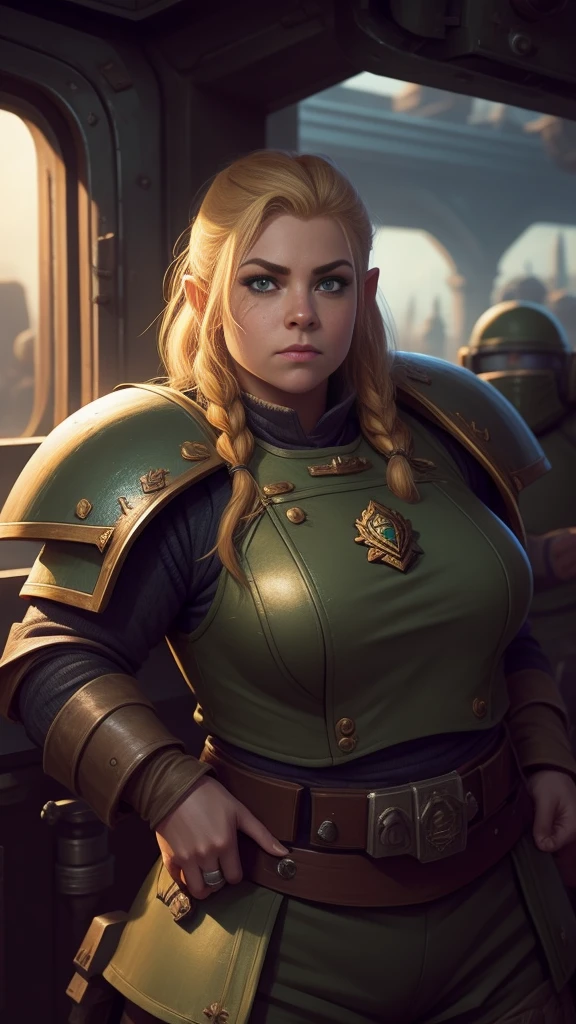 (high-angle shot), warhammer 40k imperial guardsman, ((female dwarf)). blonde hair, bare hand, hobbit, hafling, pants, (green bulletproof vest), ((large nose)), large expressive eyes, ((in a rusty spaceship)), chubby face, (eye black), black paint under eyes, dirty, holding a large portion of food