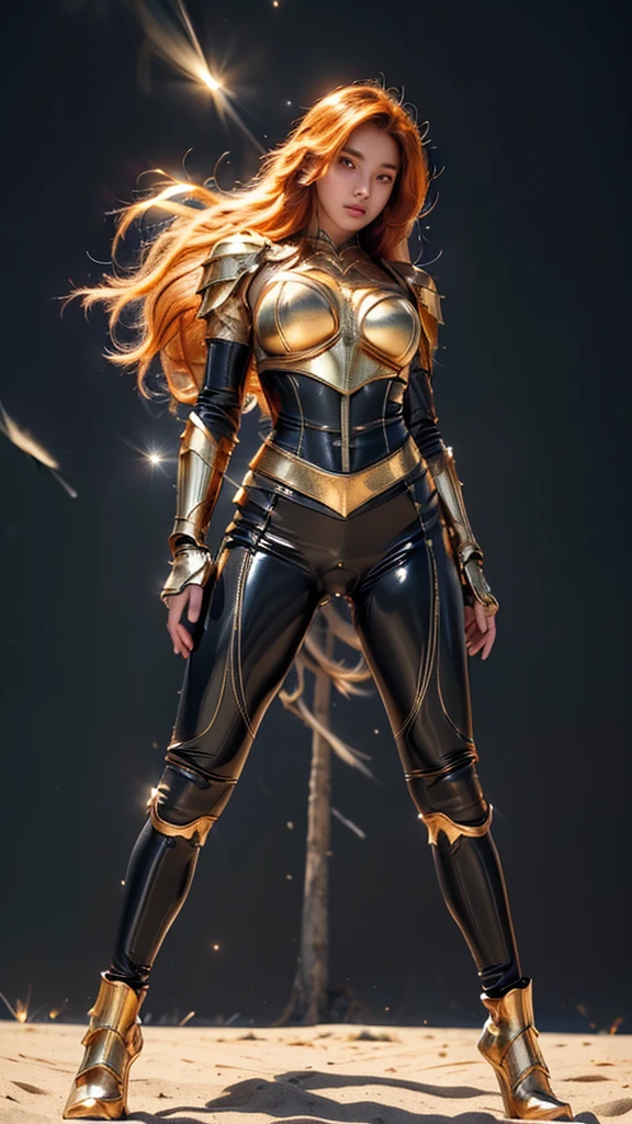 ((best quality)), ((masterpiece)), (ultra detailed lights), ((full body)), ((slim body)), ((Ariel Tatum)), extremely beautiful, thighs gap, ultra face details, 20 years old, ((orange curvy-hair)), ((hair blown by strong winds :1.3)), Award-winning photograph, ((symmetrical pose)), ((full body golden black armor)), posing in the middle, intricate details, ((thight golden armour)), ((extremely details armor)), ((tight latex pants)), ((24k-gold armor)), ((edge luminous armor)), cameltoe, luminescent, epic lights reflections, at beach, full of stars, orange clouds, nebula sky, aurora borealis, shooting stars, ((from below))