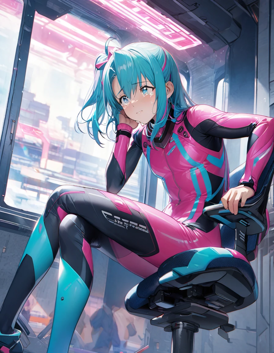 Anime version of an aoba man sitting looking at the window with tears in his eyes, turquoise hair, futuristic sports pink clothing, detailed,8d 