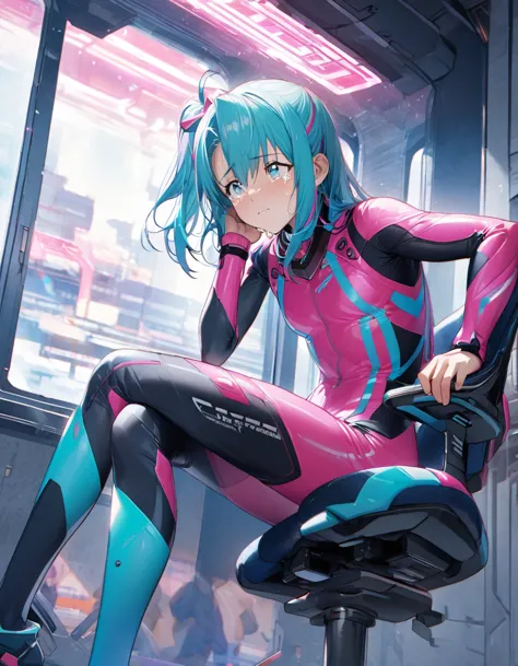 Anime version of an aoba man sitting looking at the window with tears in his eyes, turquoise hair, futuristic sports pink clothi...