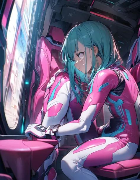 anime version of an aoba man sitting looking at the window with tears in his eyes, turquoise hair, futuristic sports pink clothi...