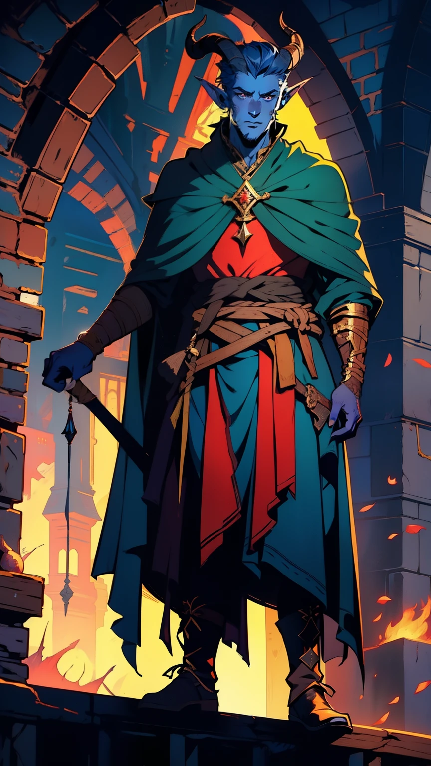 masterpiece, 1man, extremely detailed character, full body shot, best quality, dnd, dungeons and dragons, (Tiefling), (Warlock), colored skin, horns, pointy ears, medieval era, fantasy clothes, anime style, (medieval dark wizard outfit)