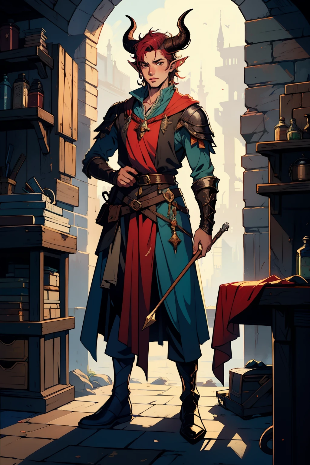 masterpiece, 1man, extremely detailed character, full body shot, best quality, dnd, dungeons and dragons, (Tiefling), (Artificer), red colored skin, horns, pointy ears, medieval era, fantasy clothes, anime style, (medieval tinkerer outfit)