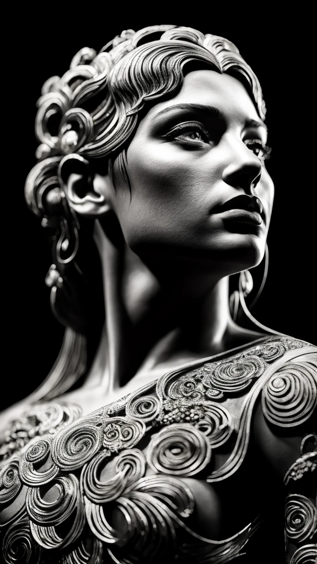 woman sculpture, greek god, dressed in tunic , whole body, (8k, photo and gross, of the highest quality), Hyper realistic, intricate summary, Intricate artwork, abstract style, Striking portrait, threatening, creature from another world, , [Temple, Roman , landscape with many lights and reflections of geometric shapes, ethereal presence, non-representational, pencil drawing and shapes, expression of feelings, imaginative, Very detailed, transparencies, shadows, Contrasts, Extremely high resolution details, photographic, Realism taken to the extreme, fine texture, 4k, ultra detailed, high quality, high contrast made of resin ,black and white drawing