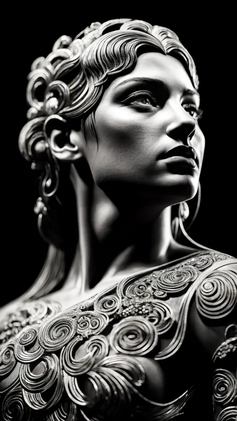 woman sculpture, greek god, dressed in tunic , whole body, (8k, photo and gross, of the highest quality), hyper realistic, intri...