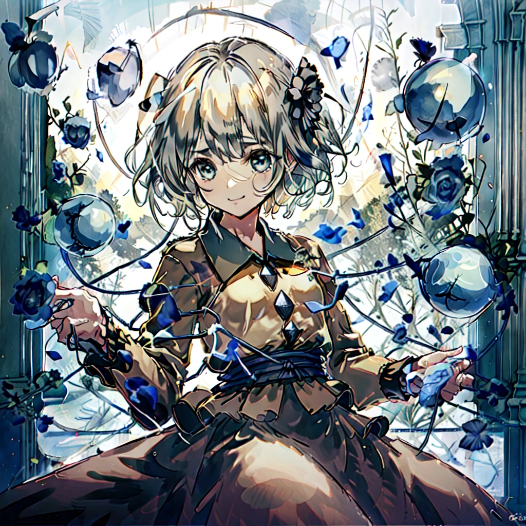 masterpiece, Top quality, best quality, Official Art, 美丽而have审美,
1 Girl, Solitary, Pebble, have, blue flower, blue Rose, bow, Long sleeve, flower, letterbox, Rose, Looking at the audience, shirt, have bow, Smile, Black headdress, yellow shirt, Upper Body, Heart, short hair, Ruffles, Heart of string, Ribbon, Bangs, have Ribbon,
Extremely detailed,The most detailed, Optical Hybrid, Playful patterns, Vivid texture, Unique visual effects,