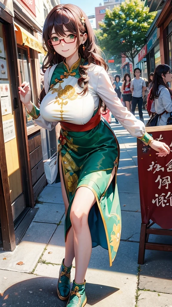 Wife 30 years old，Huge Breasts，Brown wavy hair，earrings，Smile，pedestrian mall，Sun，breeze，Tree shadow，Sexy，noble，red glasses，green eyes，White blue pattern cheongsam