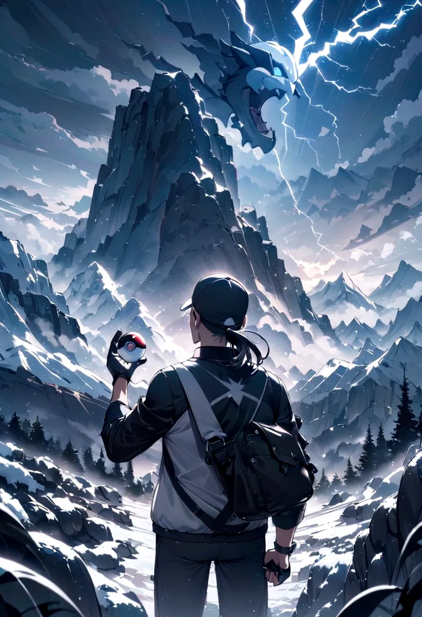 pokemon trainer , mountain , he&#39;s nubloso , thunderbolt , pokeball in hand , detailed hands , looking in front of the lightn...