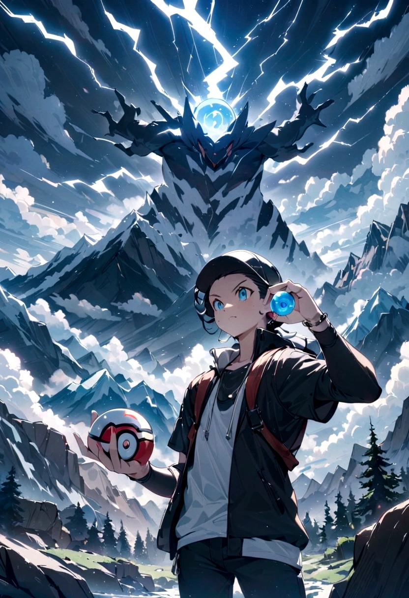 pokemon trainer , mountain , he&#39;s nubloso , thunderbolt , pokeball in hand , detailed hands , looking in front of the lightning , Masterpiece ,