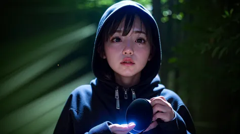 girl in a dark hooded cloak, standing in a completely dark environment, She is holding a glowing orb of energy in her hands, whi...