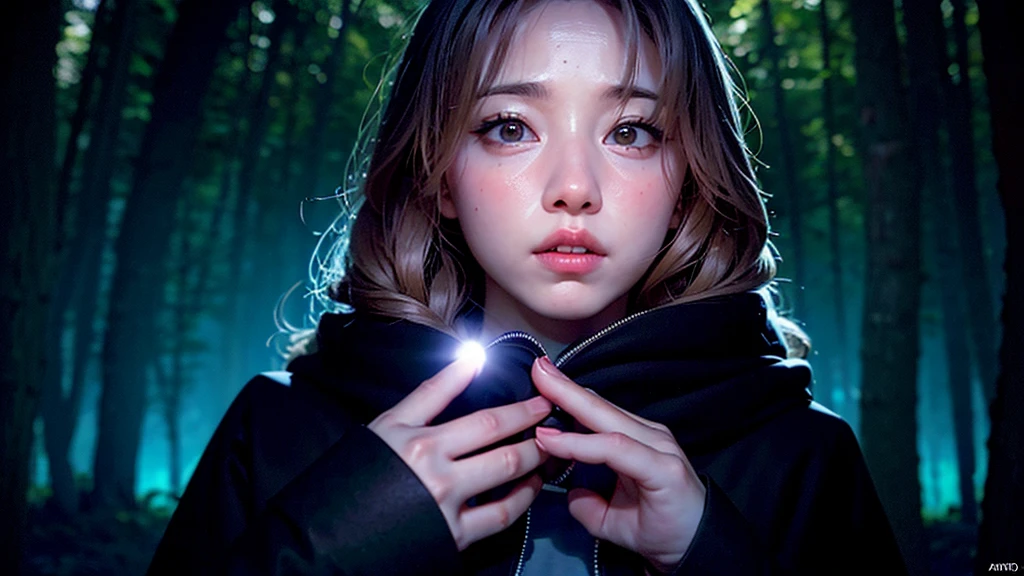 girl in a dark hooded cloak, standing in a completely dark environment, She is holding a glowing orb of energy in her hands, which emits a soft, ethereal light. Surrounding her are numerous small lights in shades of {blue|purple},1girl), Gorgeous and fantastic portrait, Printing possible, 8K, (smoother lighting:1.05), (increase cinematic lighting quality:0.9), (detailed forest: 1.4), (bloom:1.1), looking down to viewer, deep eyes, glare eyes, (night), ((cinematic light)),