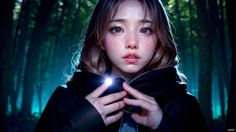 girl in a dark hooded cloak, standing in a completely dark environment, She is holding a glowing orb of energy in her hands, whi...