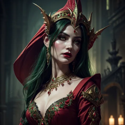 a beautiful goblin queen, extremely detailed facial features, striking green eyes, alluring red lips, long eyelashes, elegant he...