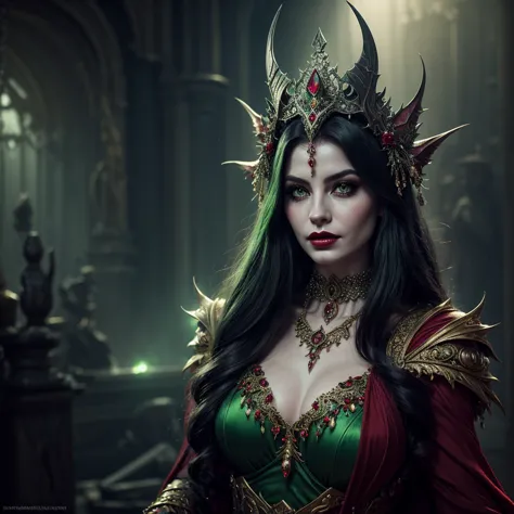 a beautiful goblin queen, extremely detailed facial features, striking green eyes, alluring red lips, long eyelashes, elegant he...