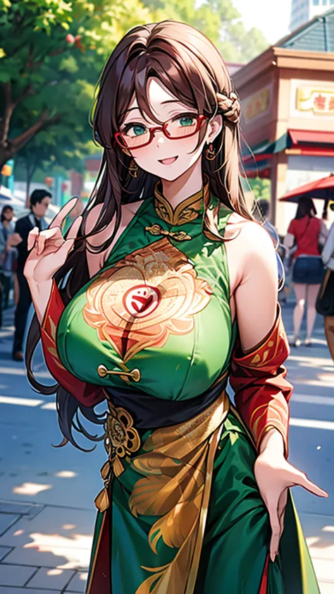 Wife 30 years old，Huge Breasts，Brown wavy hair，earrings，Smile，pedestrian mall，Sun，breeze，Tree shadow，Sexy，noble，red glasses，gree...