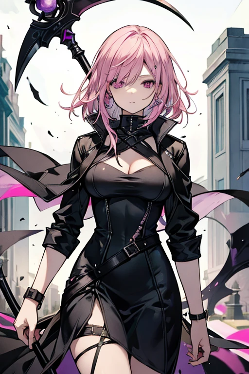 perfect face, perfect hands. a pink haired female reaper with violet eyes and an hourglass figure in a leather dress is spinning her scythe at night in a cemetery
