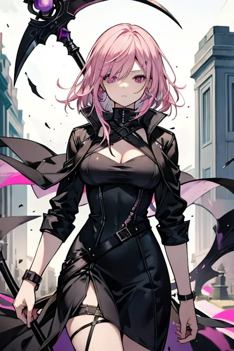 perfect face, perfect hands. a pink haired female reaper with violet eyes and an hourglass figure in a leather dress is spinning...