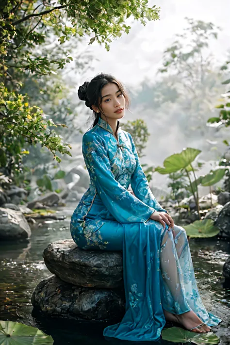 Ancient Chinese beauty sitting on stone, wearing ancient Chinese costume, flowing blue tulle, light silk, lazy pose, large lotus...