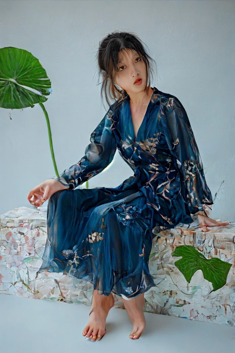 Ancient Chinese beauty sitting on stone, wearing ancient Chinese costume, flowing blue tulle, light silk, lazy pose, large lotus leaves, lotus flowers, ink painting style, clean colors, decisive cutting, white space, freehand, masterpiece, super detailed, epic composition, high quality, highest quality, 4k --v 6