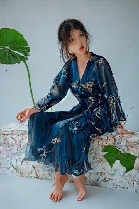 Ancient Chinese beauty sitting on stone, wearing ancient Chinese costume, flowing blue tulle, light silk, lazy pose, large lotus...