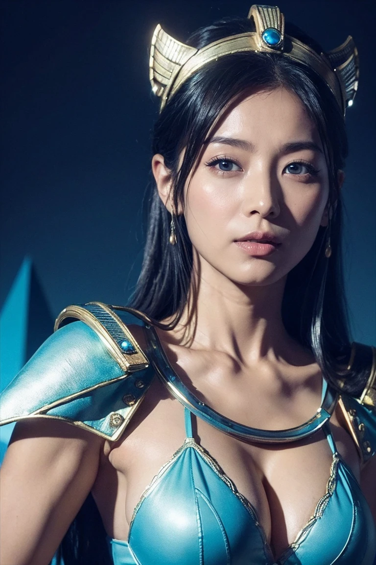 ((Highest quality、8K、masterpiece:1.3))、Photorealistic, Sharp focus, high resolution, High resolution, Portraiture, One person, woman, beautiful woman, sexy、古代エジプトを歩くエジプトのwoman戦士、Complex technology, Pyramids and ancient Egyptian cities far away、cyber-、Light and shadow、Cyan Light、