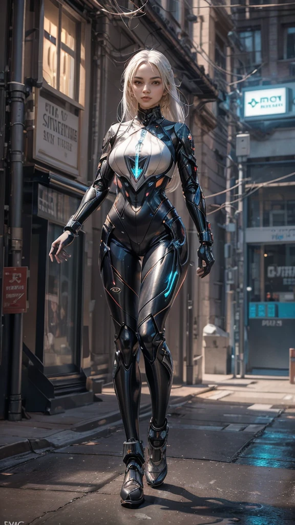 1girl, ultra realistic, ultra crisp, NVIDIA RTX, unreal engine, perfect slim body, realistic face, perfect face, realistic body, epic skin details, white hair, hair blown with strong winds, hyper rendering, ultra details, glowing eyes, purple eyes, blush, parted lips, cybernetic ear, cybernetic metalic hands, cybernetic metalic legs, luminous cybernetic futuristic metalic mechanical body, ultra realistic lights reflection details, ((full body shown)), from below, posing in the middle.