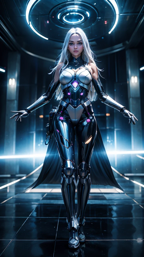 1girl, ultra realistic, ultra crisp, NVIDIA RTX, unreal engine, perfect slim body, realistic face, perfect face, realistic body, epic skin details, white hair, hair blown with strong winds, hyper rendering, ultra details, glowing eyes, purple eyes, blush, parted lips, cybernetic ear, cybernetic metalic hands, cybernetic metalic legs, luminous cybernetic futuristic metalic mechanical body, ultra realistic lights reflection details, ((full body shown)), from below, posing in the middle.