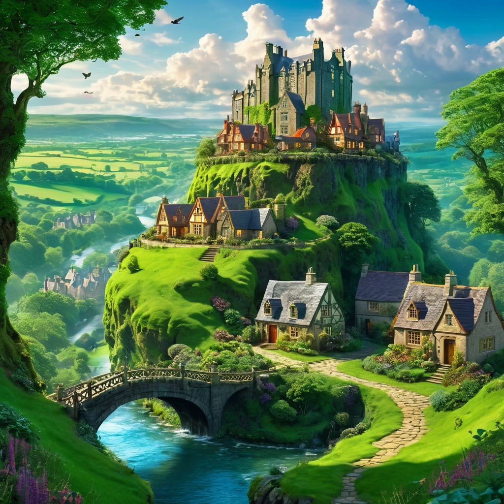 City of Magic, inspired by Edinburgh and London, with many magical houses, surrounded by large forests and green fields, mages, Celtic mythology.