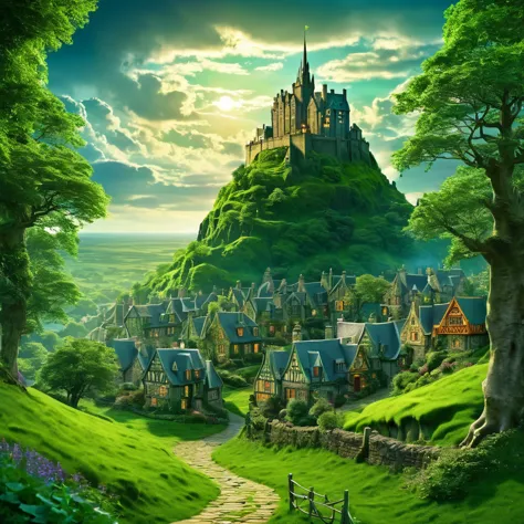 city of magic, inspired by edinburgh and london, with many magical houses, surrounded by large forests and green fields, mages, ...