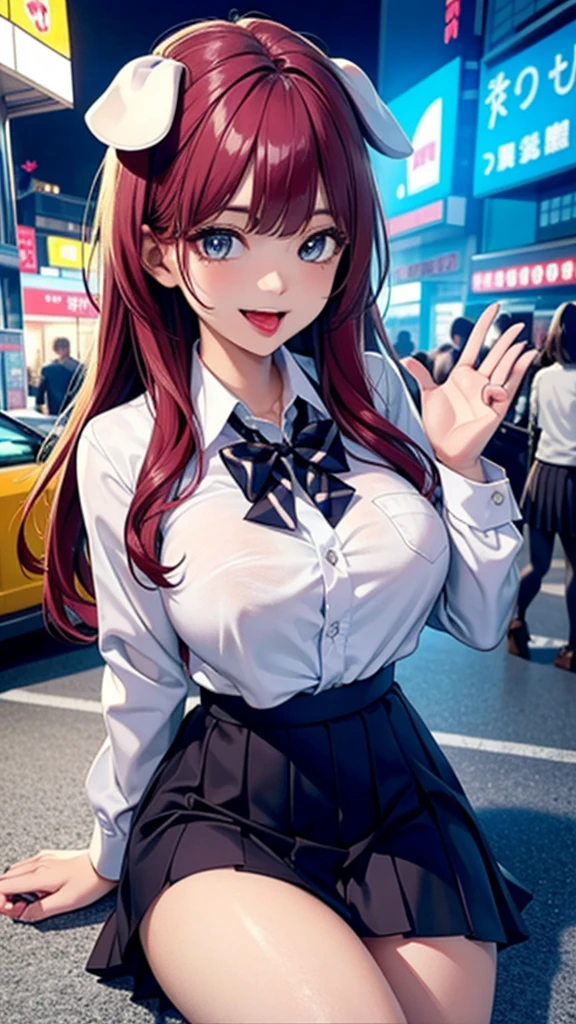 (Highest quality), (so beautiful), (Super detailed), (Best illustrations), Gal, Improve, alone, 1 dog, Rainbow Hair,Long Hair, Messy Hair, Random color eyes, Large Breasts, stripe dress shirt, Pleated skirt,Tokyo,Fancy city,Laughing with your mouth open