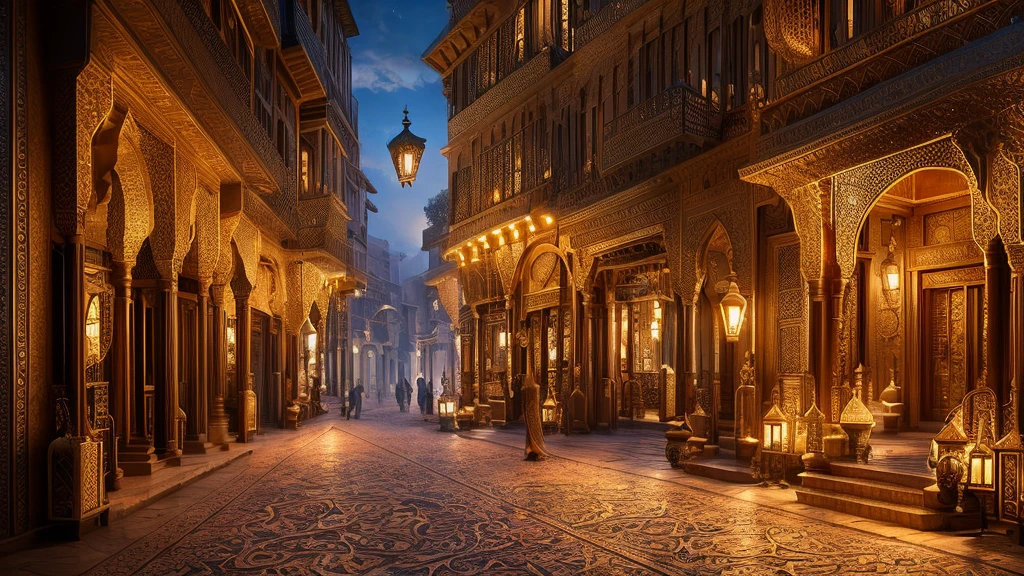 a magical arabian lamp, an ancient arabic town, arabian nights, a mystical genie, detailed ornate architecture, intricate patterns, warm glowing lights, rich colors, dramatic lighting, ethereal atmosphere, detailed intricate details, high quality, 8k, photorealistic, cinematic, concept art style