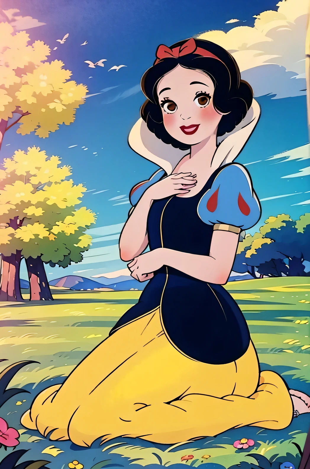 1girl, solo, SnowWhite, short hair, black hair, smooth hair, bow, brown eyes, lipstick, red lipstick, pale skin, yellow dress skirt, long skirt, blue bodice, short sleeves, hair bow, hairband, puffy sleeves, puffy short sleeves, detailed eyes, grass, lake, sky, ((smile, looking at the viewer, sitting on the grass, anatomically correct))