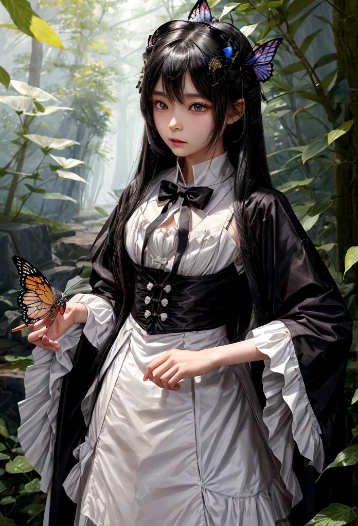 a girl (12-year old), with a butterfly in her hand and a butterfly in her hand, by Jin Homura, inspired by Munakata Shikō, inspi...