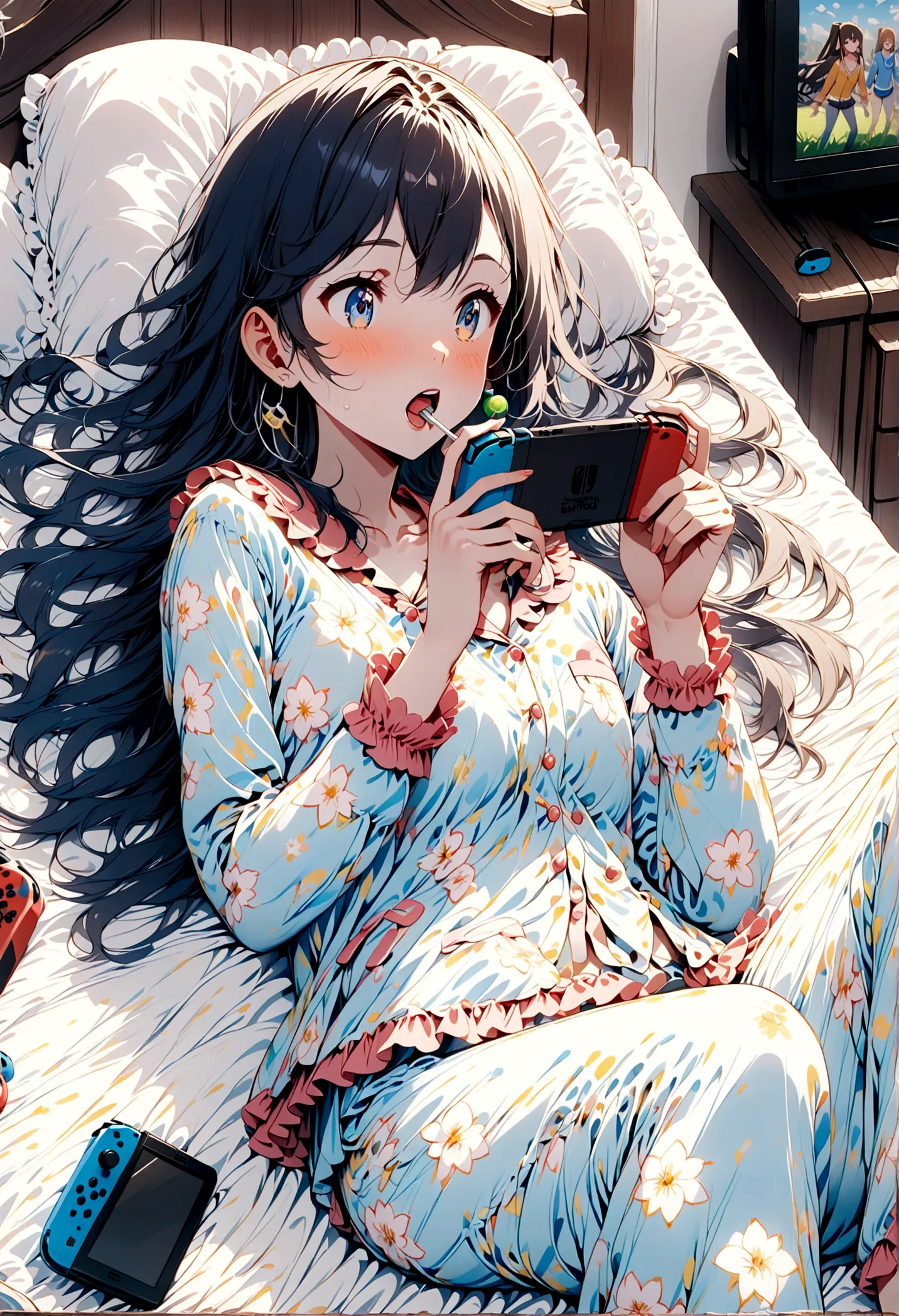 3 gamer girls , 3ds , lollipop in the mouth , brown hair , pajamas , lying on her bed , long hair , short black hair , long blue...