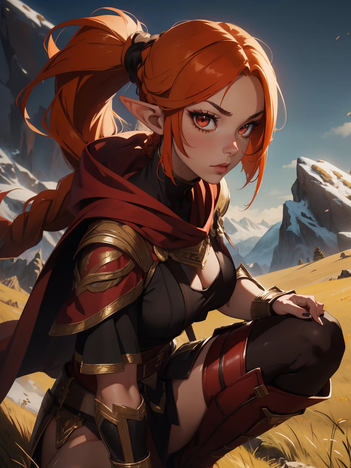 masterpiece, high quality, 1_woman, ((upper body)), (Caucasian skin_complexion:1.4),mature, looking at the viewer, black face, tall, beautiful, exotic, with long elf ears, long hair, (braided ponytail), orange hair, detailed face, having diamond shaped eyes, (wearing eye patch), red eye, (dark_eyeliner), long_eyelashes medium_bust, wearing gladiator armor, red cape, long fingerless_gloves, belts, making fist, black thigh highs with embroidery, knee boots, dynamic lighting casts detailed shadows, on a grass grassy hill, mountains in the distance,