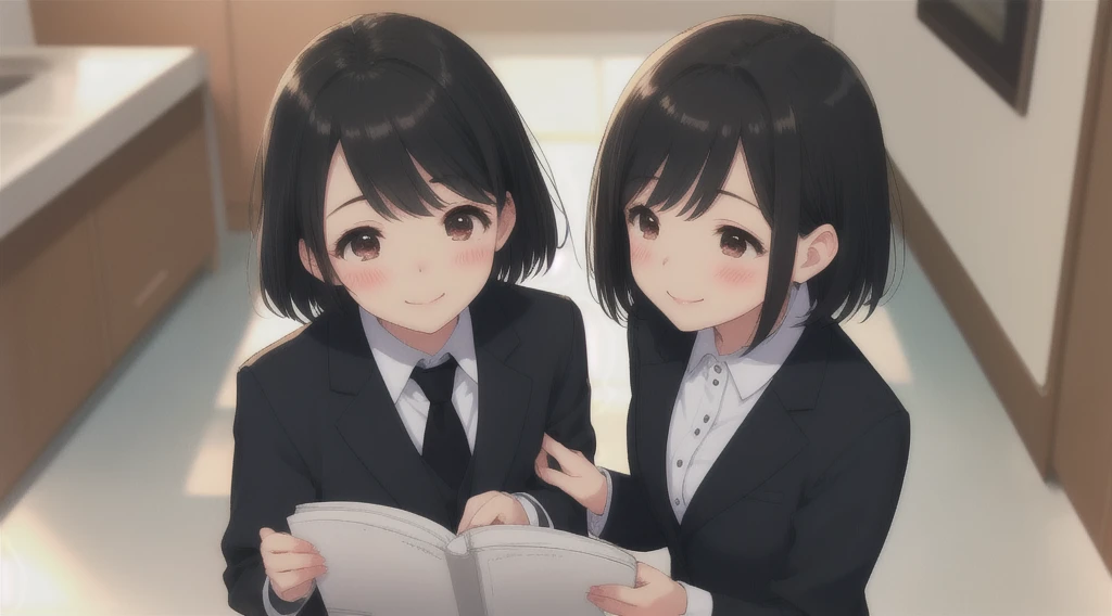 smile、Looking up、blush、Sigh、female、Black suit、Black Hair、older sister