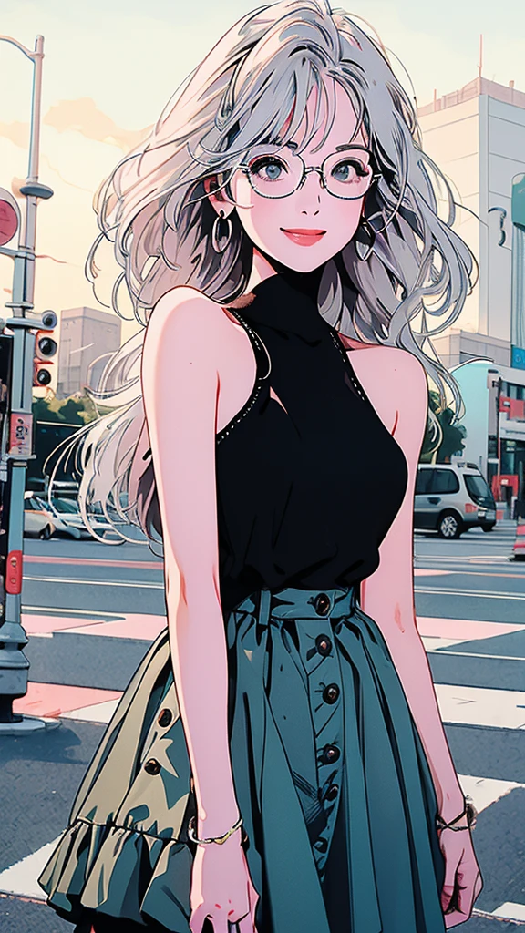 whole body, Upper Body、One beautiful woman, 4k, Shoulders stick out、pedestrian crossing、Signal 、intersection、Complex background、Silver Hair、One Length、Detailed Hair、smile、Glasses