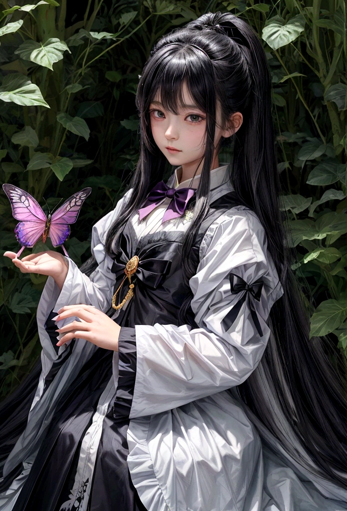 ein Mädchen (12 Jahre alt), mit einem Schmetterling in der Hand und einem Schmetterling in der Hand, von Jin Homura, inspiriert von Munakata Shikō, inspired von Jin Homura,  zerrissener androgyner Prinz, hijikata toushirou, schwarzhaariger Magier, eine Magd in einem Zauberwald, Anime-Moe-Kunststil, madoka