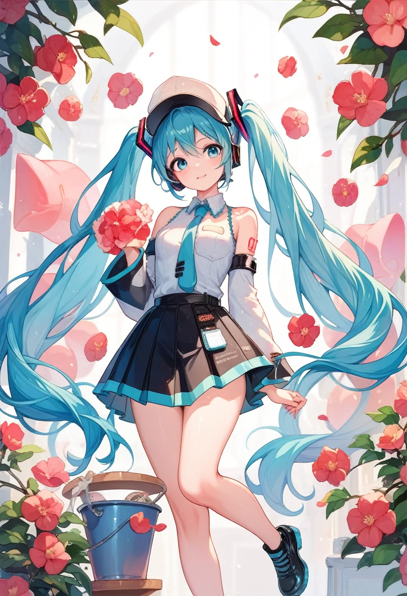 qualidade mestre,Hatsune Miku,1 garota,,uniforme de berçário nsfw,avental,balde ｈａｔ