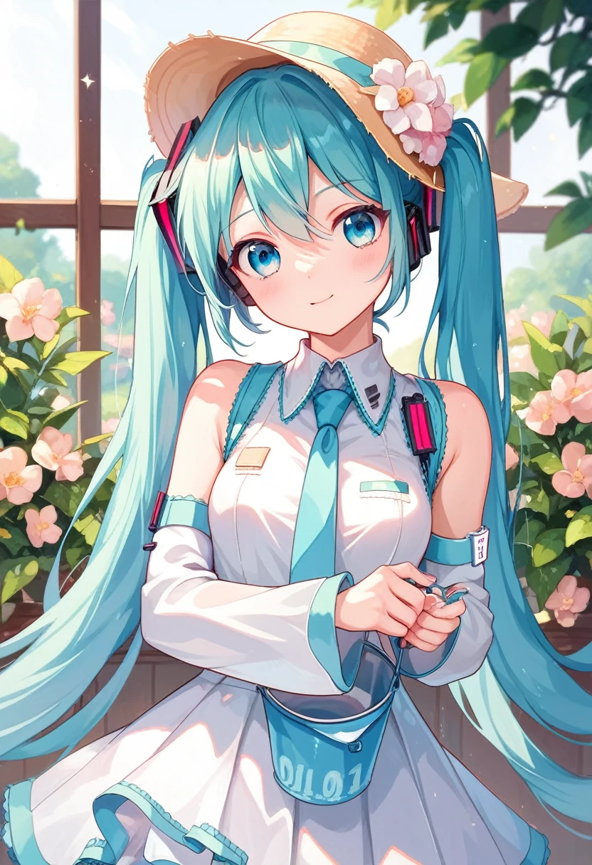 qualidade mestre,Hatsune Miku,1 garota,,uniforme de berçário nsfw,avental,balde ｈａｔ